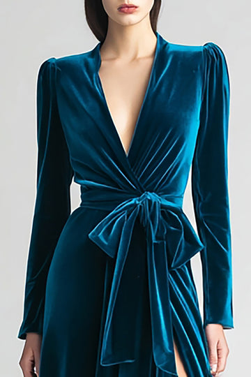 Peacock Blue Velvet Long Sleeve Formal Dress With Slit